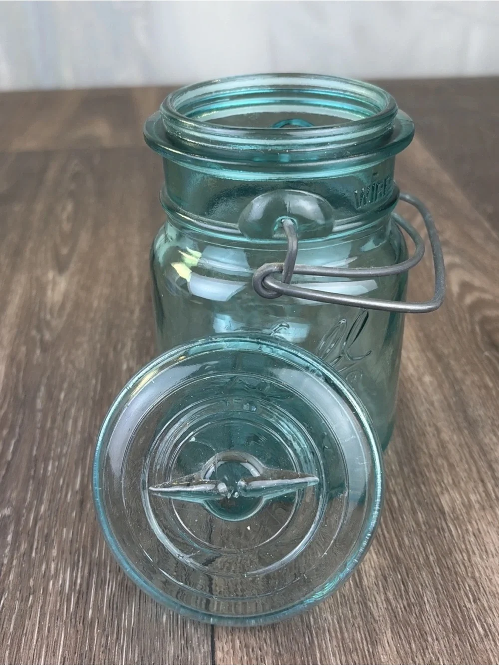 Vintage Ball Ideal Aqua Blue Glass Jar 5.5” Wire Bail w/ Lid 76 A24 Bicentennial